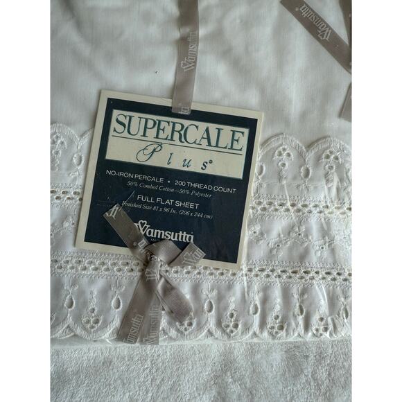 NWT Vintage Wamsutta Beach White Full Flat Bed Sheet Eyelet Lace No Iron Cottage - Picture 1 of 4
